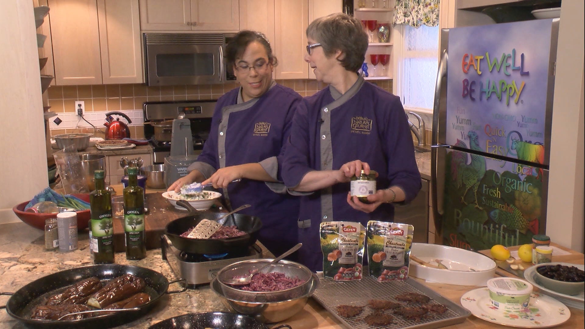 Eat Well, Be Happy 307-Sweet potato latkes, Eggplant caviar, Chestnut artichoke lemon roast
